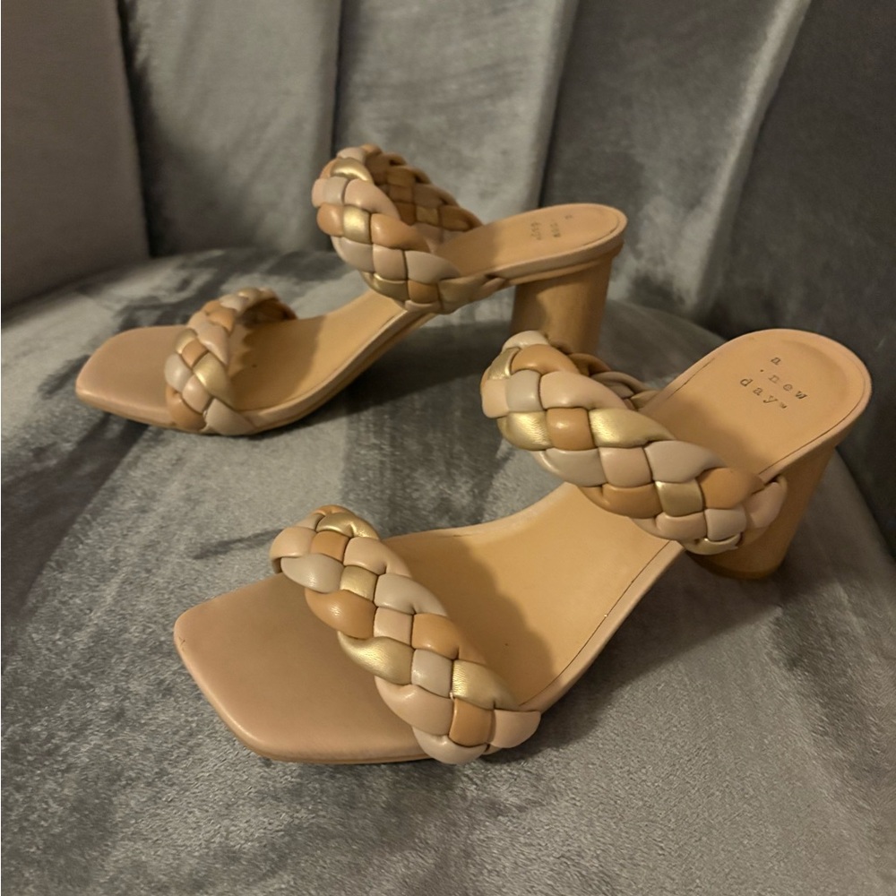 Women's Braided Strap Heeled Sandals - Tan and Gold